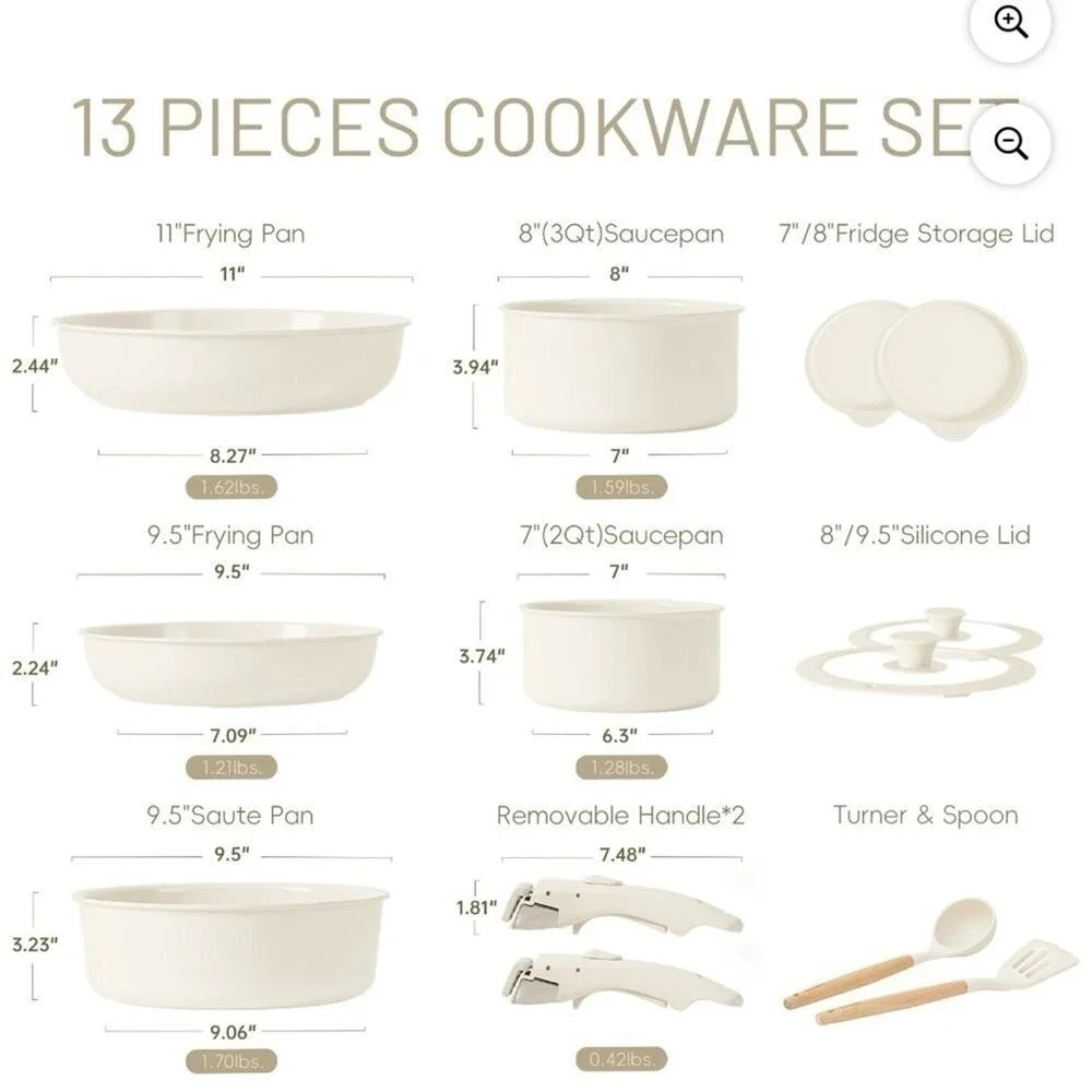 CAROTE 13-Piece  Ceramic‎ White Nonstick Pots and Pans Cookware Set
